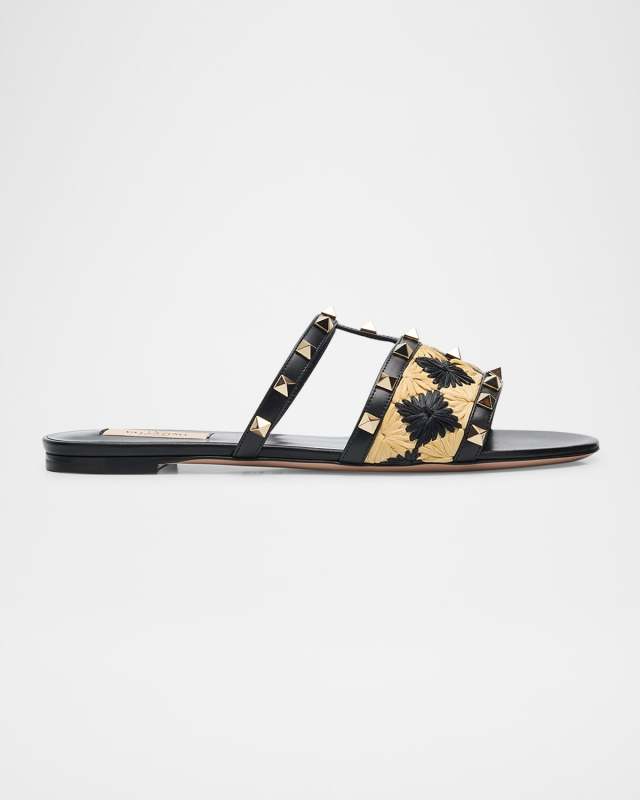 Rockstud Raffia Flat Slide Sandals